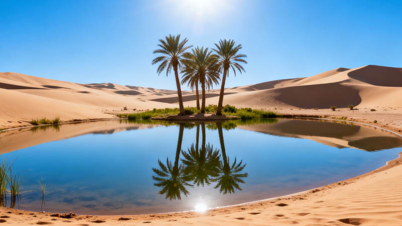 沙漠绿洲 三棵棕榈映碧水图片