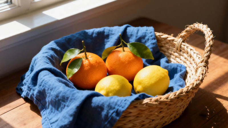 篮中橙柠檬 阳光暖蓝布图片