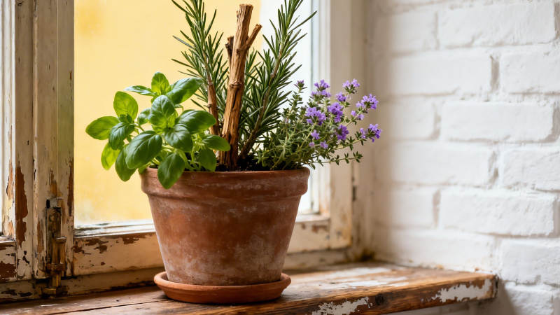 窗台香草盆栽小景图片