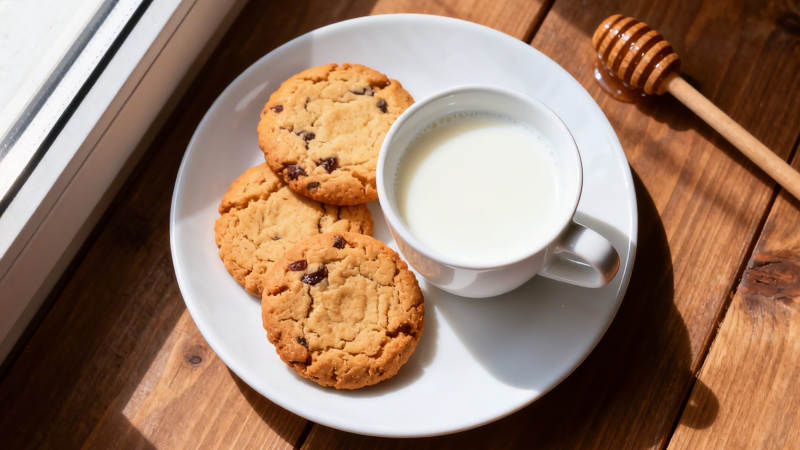 阳光下的牛奶与巧克力曲奇图片