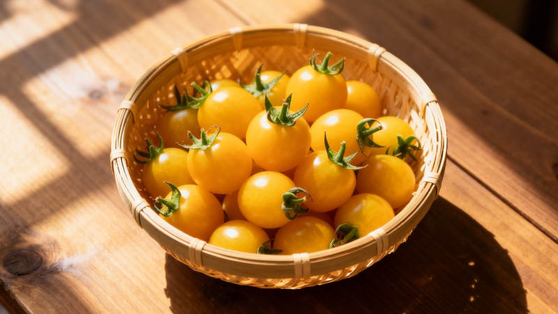 阳光下的黄樱桃番茄篮图片