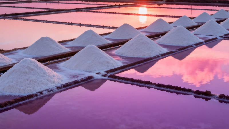 盐田日落 粉霞映雪堆图片