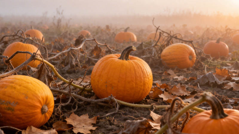 秋日南瓜田 晨雾映金黄图片