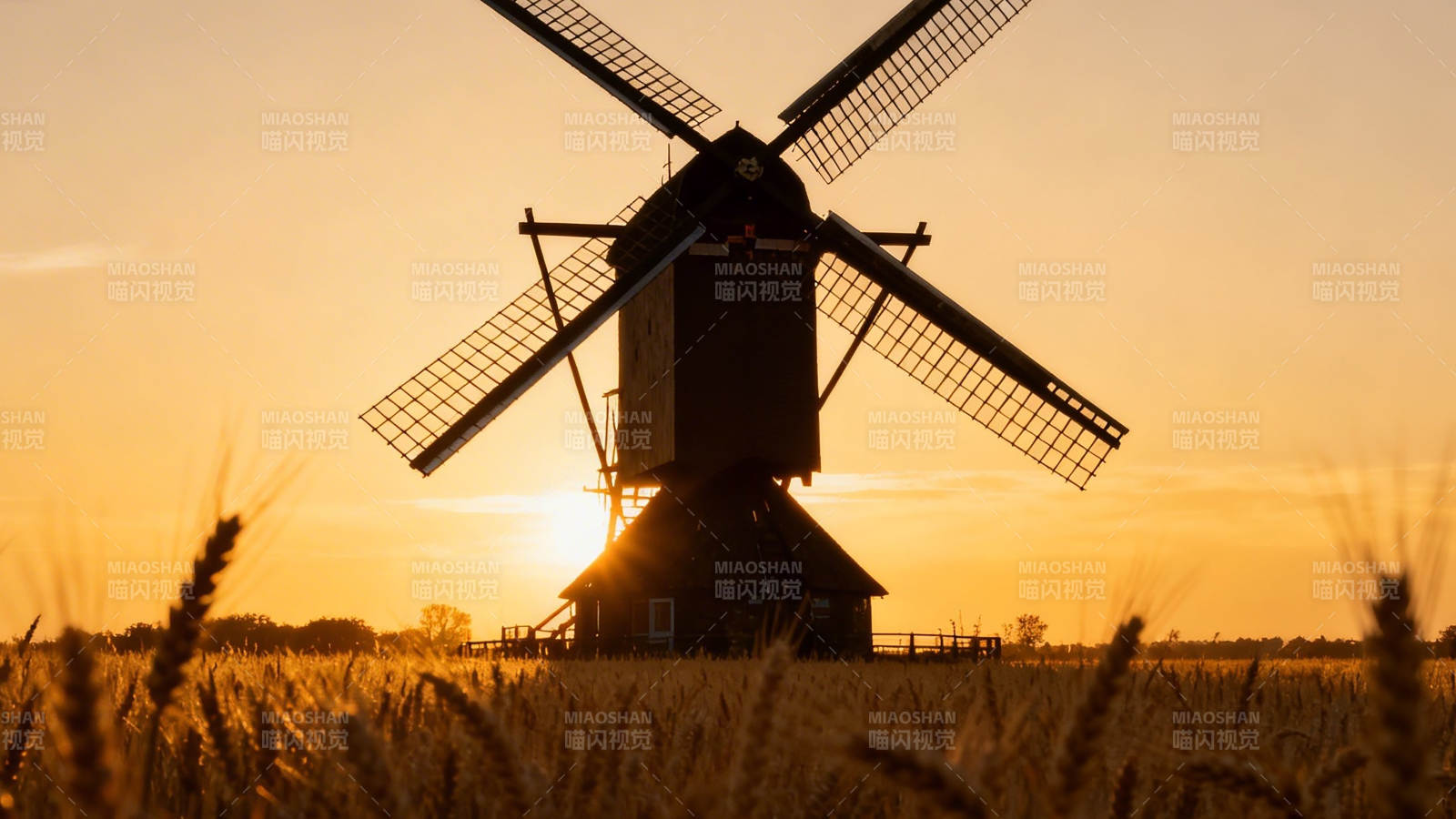 夕阳风车麦田剪影图片