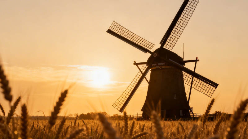 夕阳风车麦田剪影图片