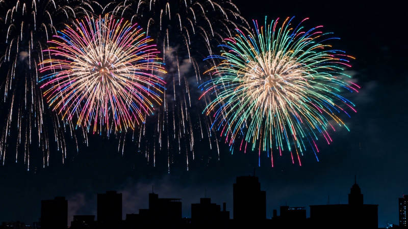 烟花绽放夜空 城市剪影璀璨图片