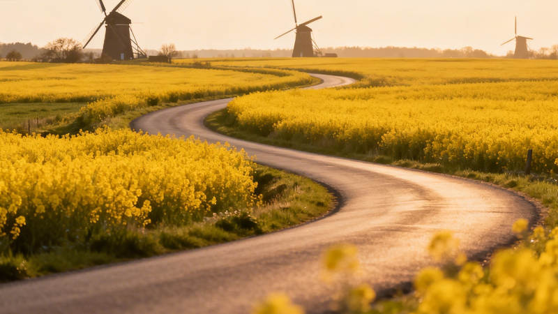 花田风车 蜿蜒小径入画来图片