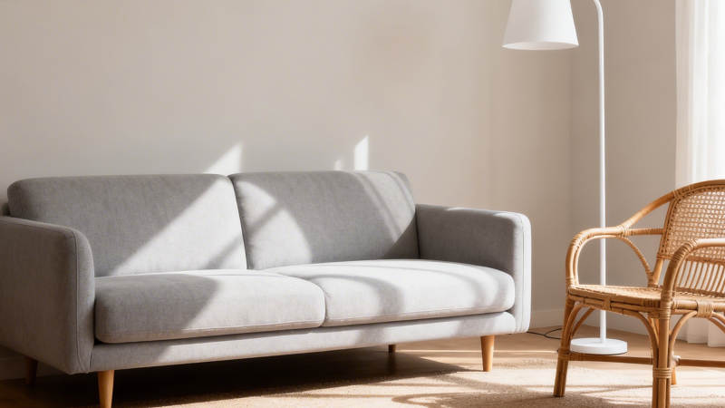 阳光客厅 灰沙发藤椅静景图片