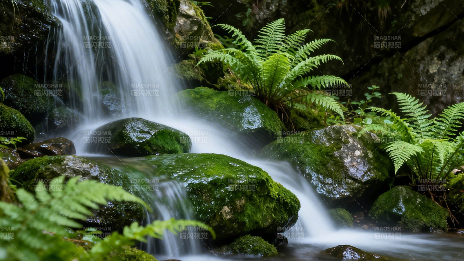 青苔石上流 蕨影伴清瀑图片