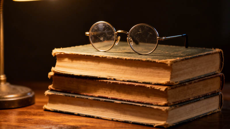 书堆上的圆框眼镜图片