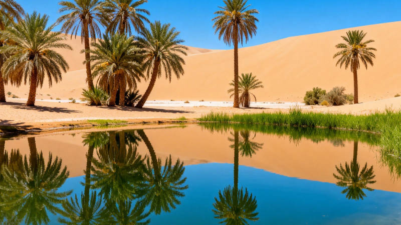 沙漠绿洲 棕榈映水图片