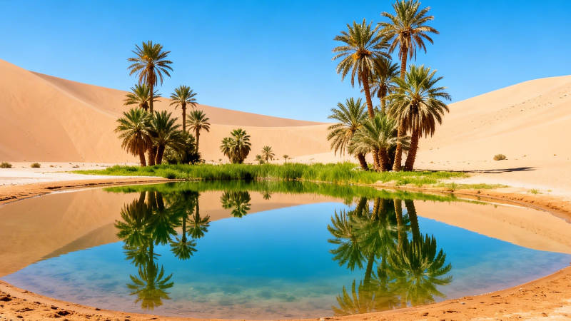 沙漠绿洲 棕榈映水间图片