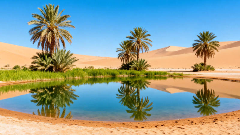 沙漠绿洲 棕榈映水图片