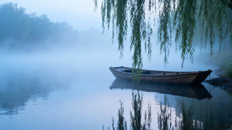 雾柳孤舟静水间图片