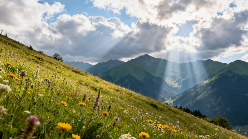 山野花径 云隙光洒落图片