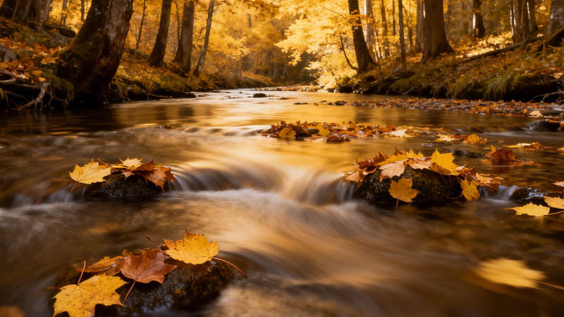 秋溪落叶 金辉流淌图片