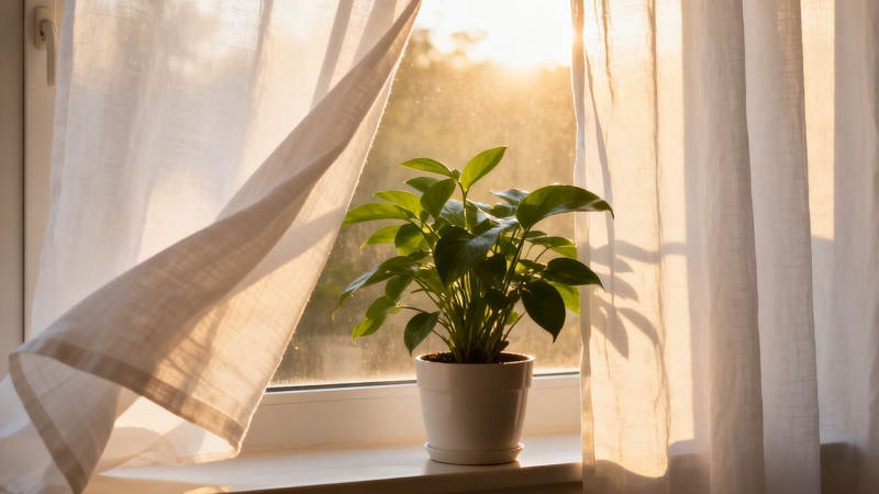 窗台绿植沐晨光图片