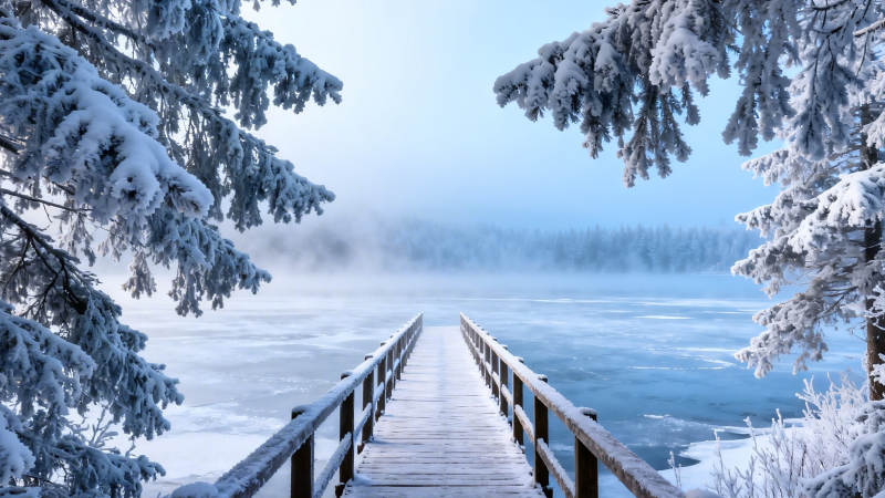 雪覆木桥 雾锁寒湖图片