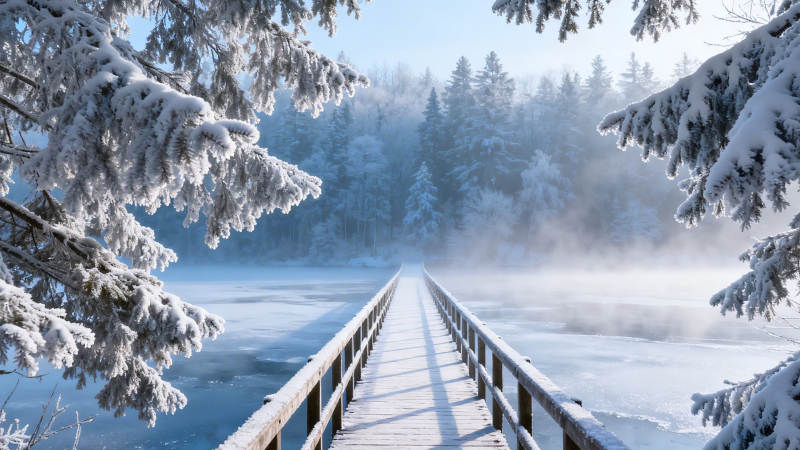 雪覆木桥通雾林图片