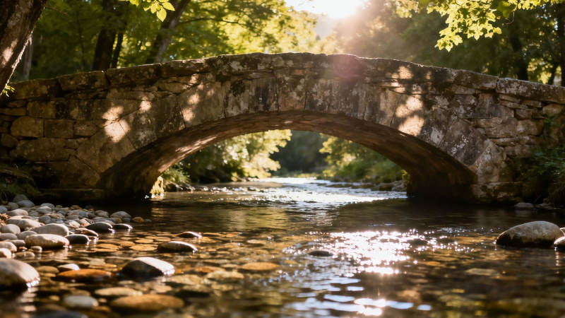石桥映溪 阳光穿林间图片
