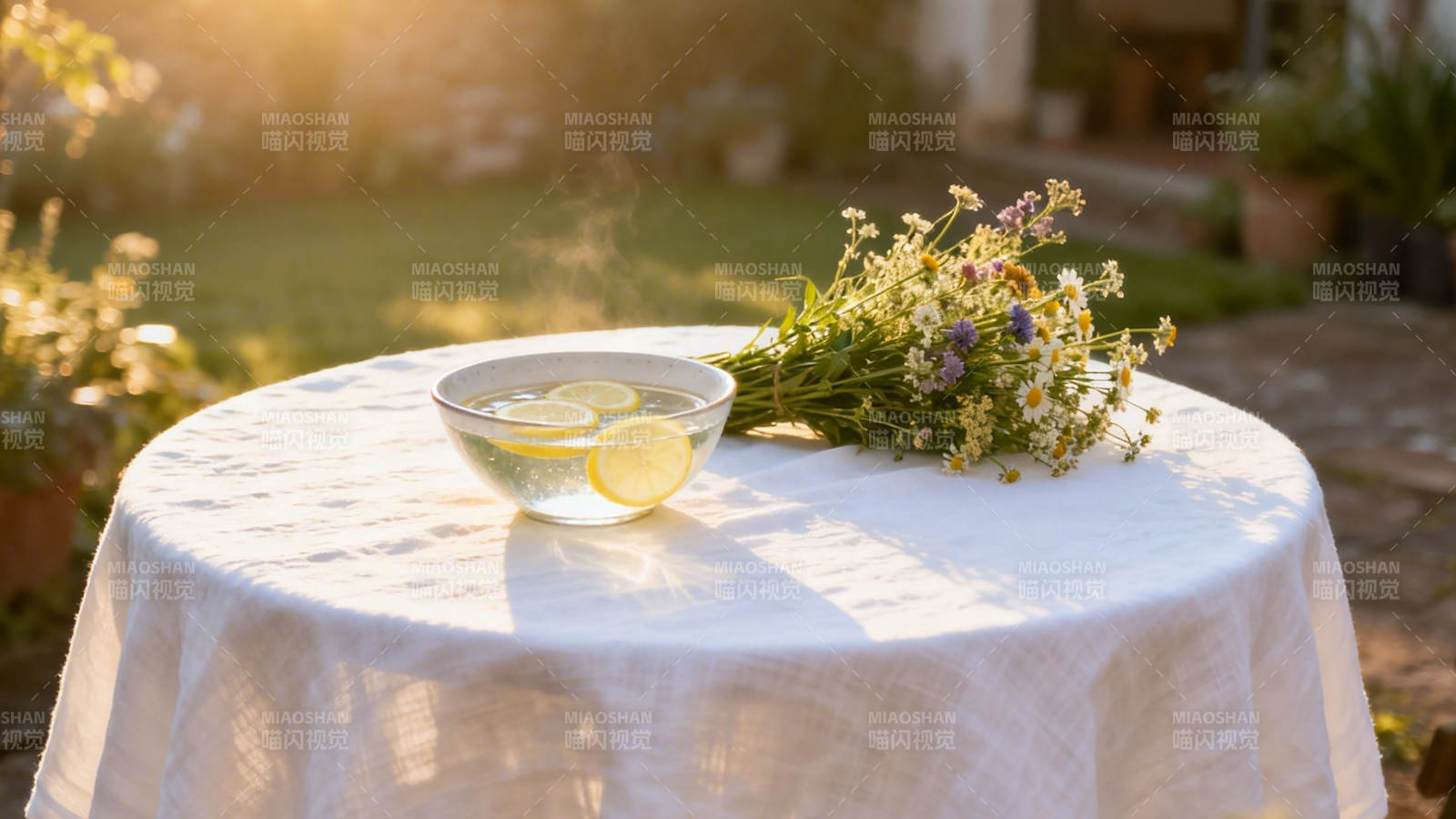 夕阳下的柠檬水与野花图片