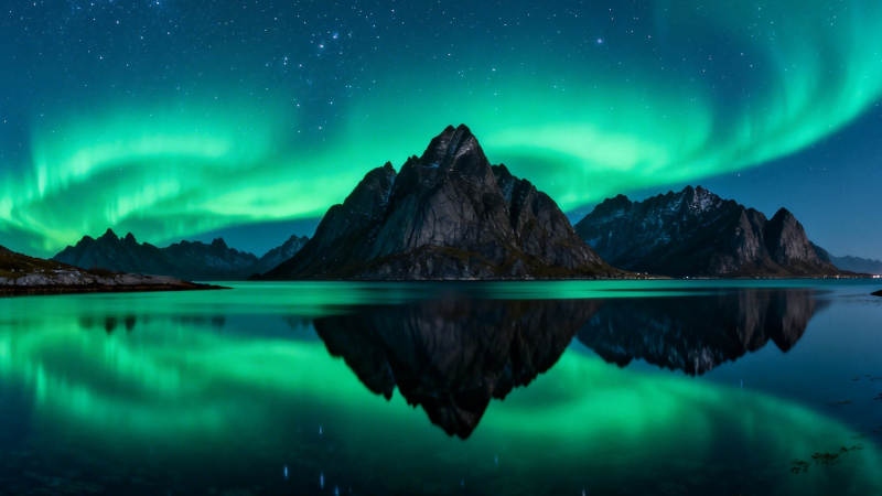 极光映山 静水如镜图片