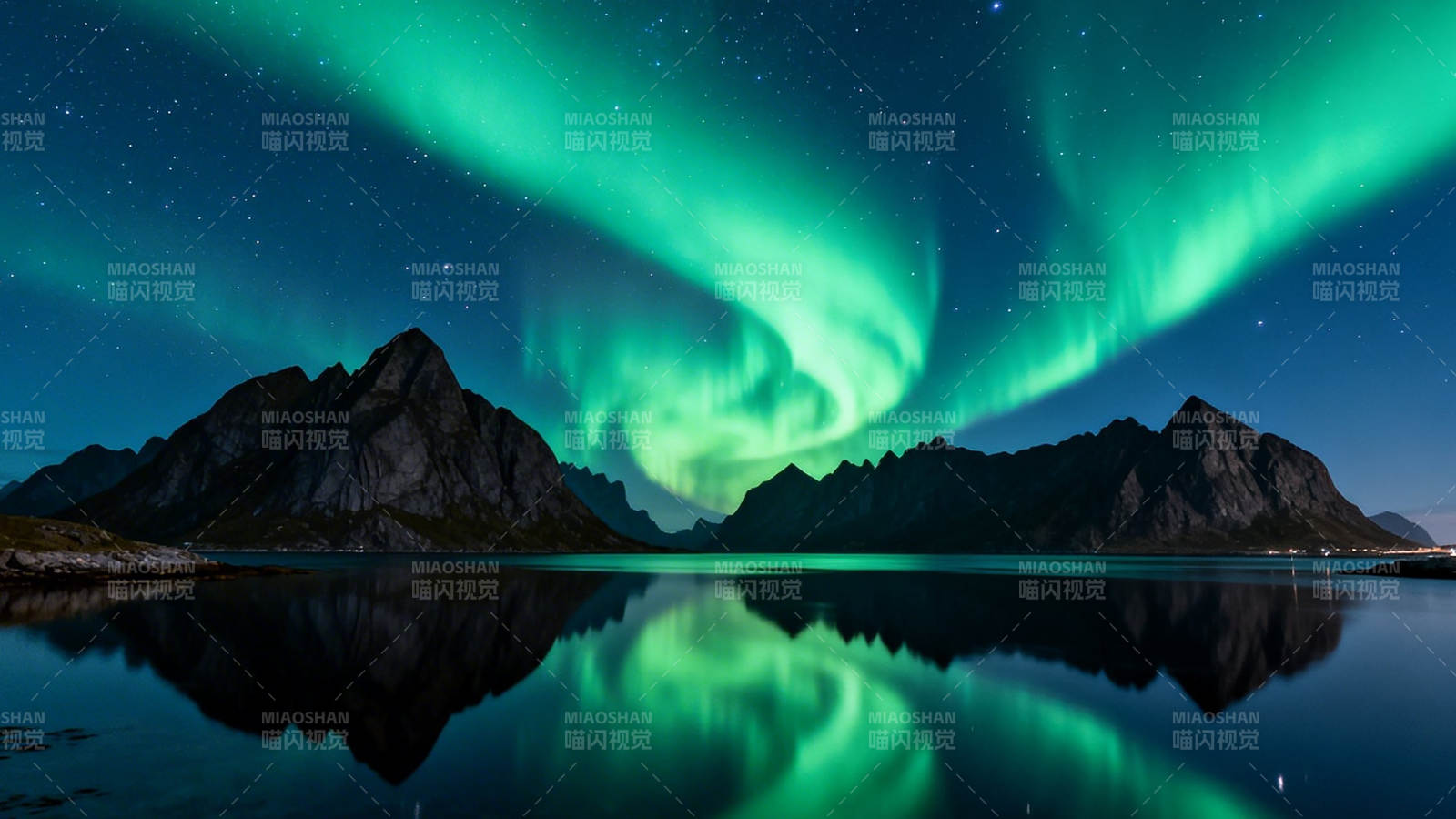 极光映山 夜空如镜图片