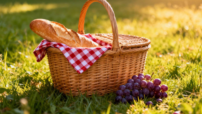 野餐篮与葡萄 阳光草地间图片