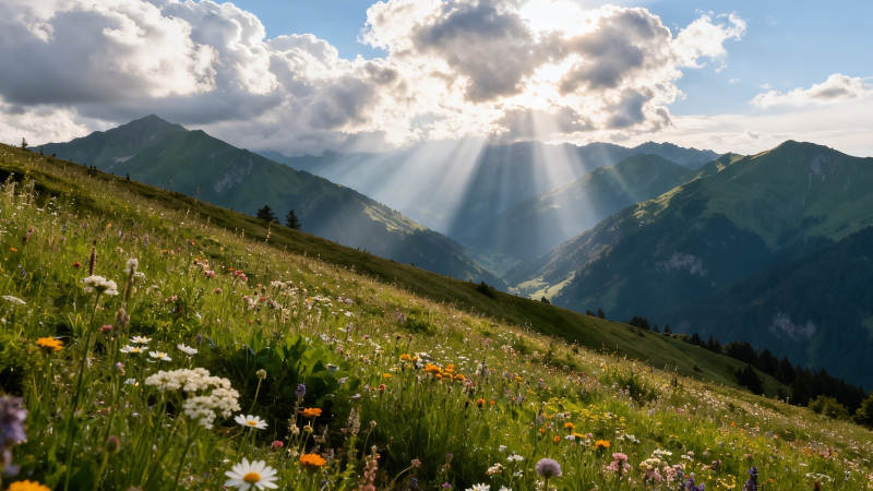 山花烂漫 云隙光洒绿野图片