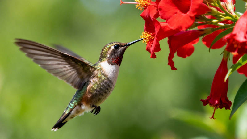 蜂鸟采红花蜜图片