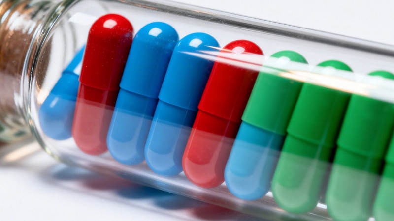 彩药胶囊瓶特写图片