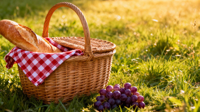 野餐篮配面包葡萄 阳光草地图片