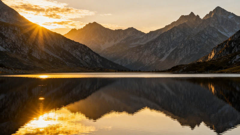 山湖日落 金辉映水镜图片