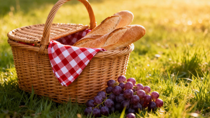野餐篮与葡萄的午后时光图片