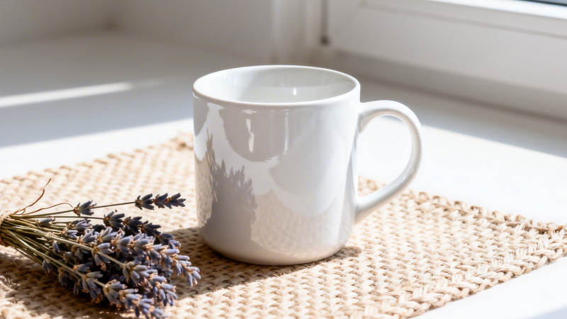 窗边白杯与薰衣草静物图片