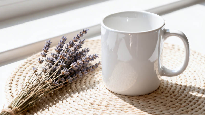 窗边白杯与薰衣草静物图片