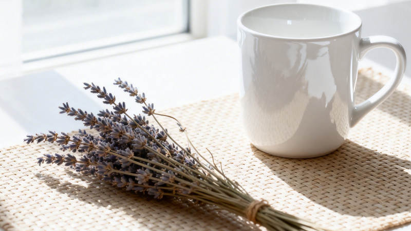 窗边薰衣草与白瓷杯静物图片