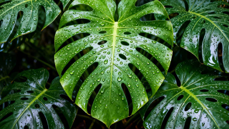 雨滴轻吻龟背竹绿叶图片