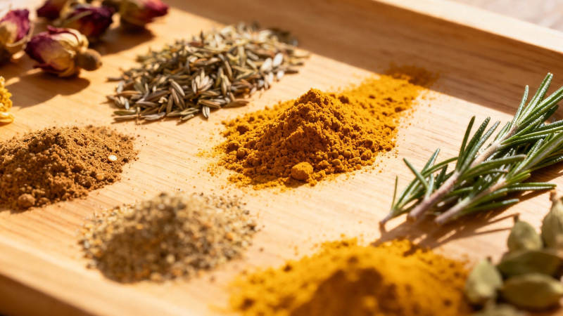 香料荟萃 木盘上的多彩调味世界图片