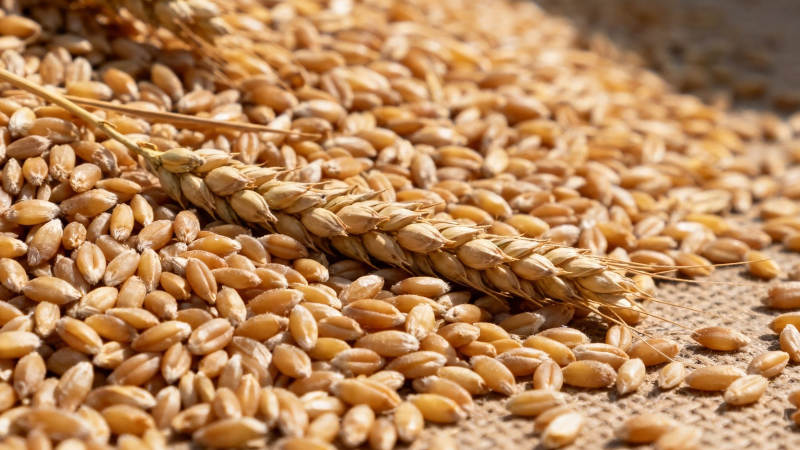 金黄麦粒与麦穗特写图片