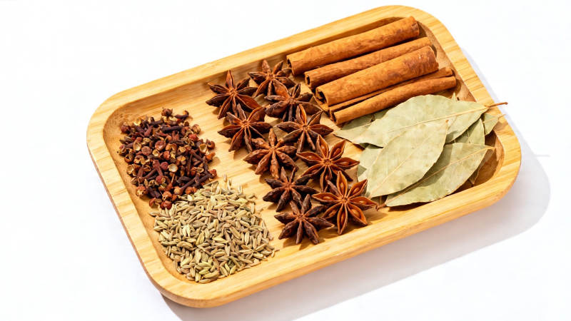 五香调料木盘盛放图片