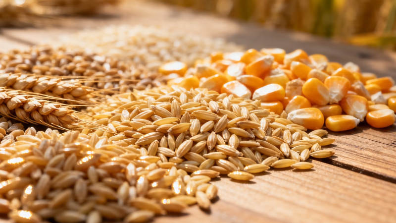 谷物丰收 麦粒玉米堆满木桌图片