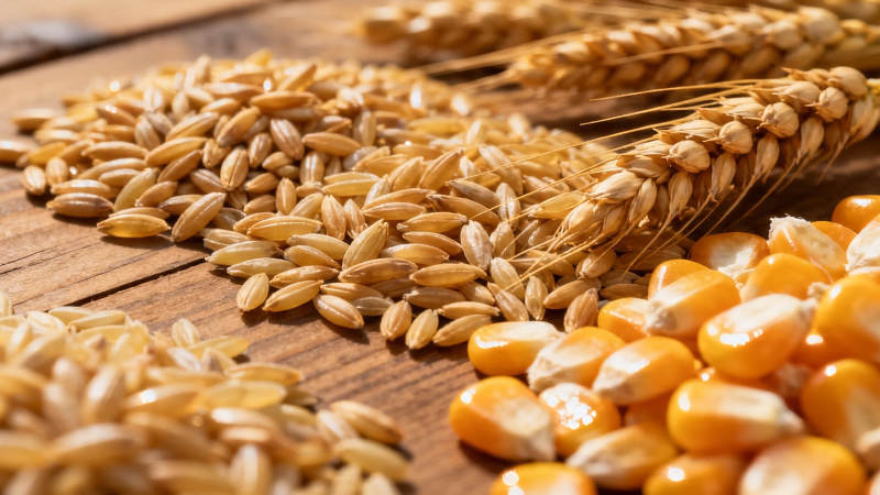 谷物丰收 麦粒玉米堆满木桌图片