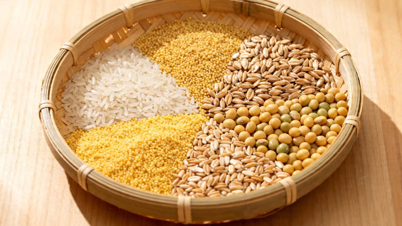 五谷杂粮竹篮盛放图图片