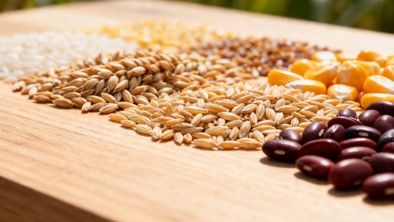 五谷杂粮铺满木板台图片