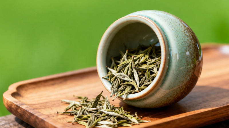 青瓷罐倾洒嫩绿茶叶图片