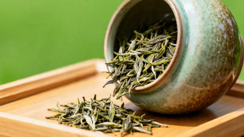 青瓷罐倾茶 绿叶落木盘图片