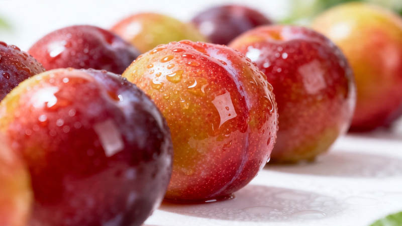 鲜红李子带水珠 诱人欲滴图片