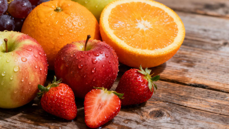 鲜果水珠木桌特写图片