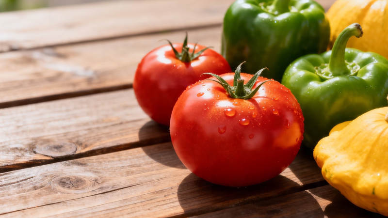 新鲜蔬果木桌摆拍图片